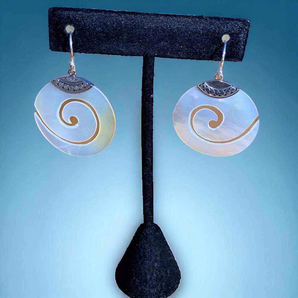 Round Spiral Mother of Pearl Earrings with Silver Accents
